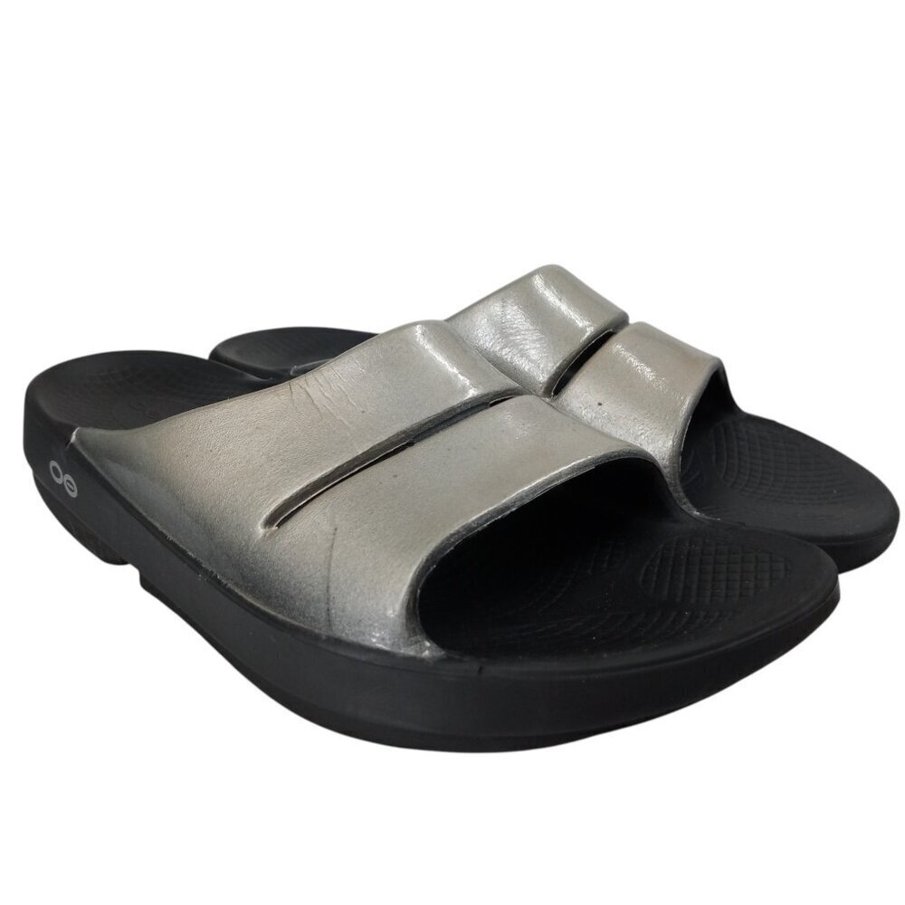 Oofos Ooahh Luxe Slide Recovery Silver Sandals Size Mens 7 Womens 9 Comfort